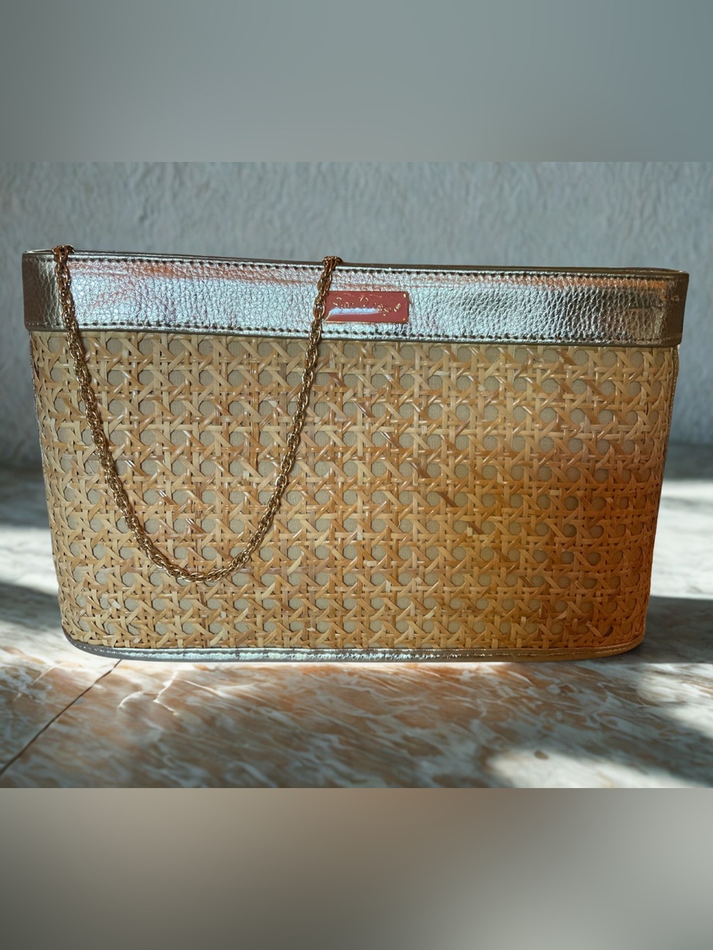 Lilly Pulitzer Woven Straw Shoulder Bag with Gold Trim
